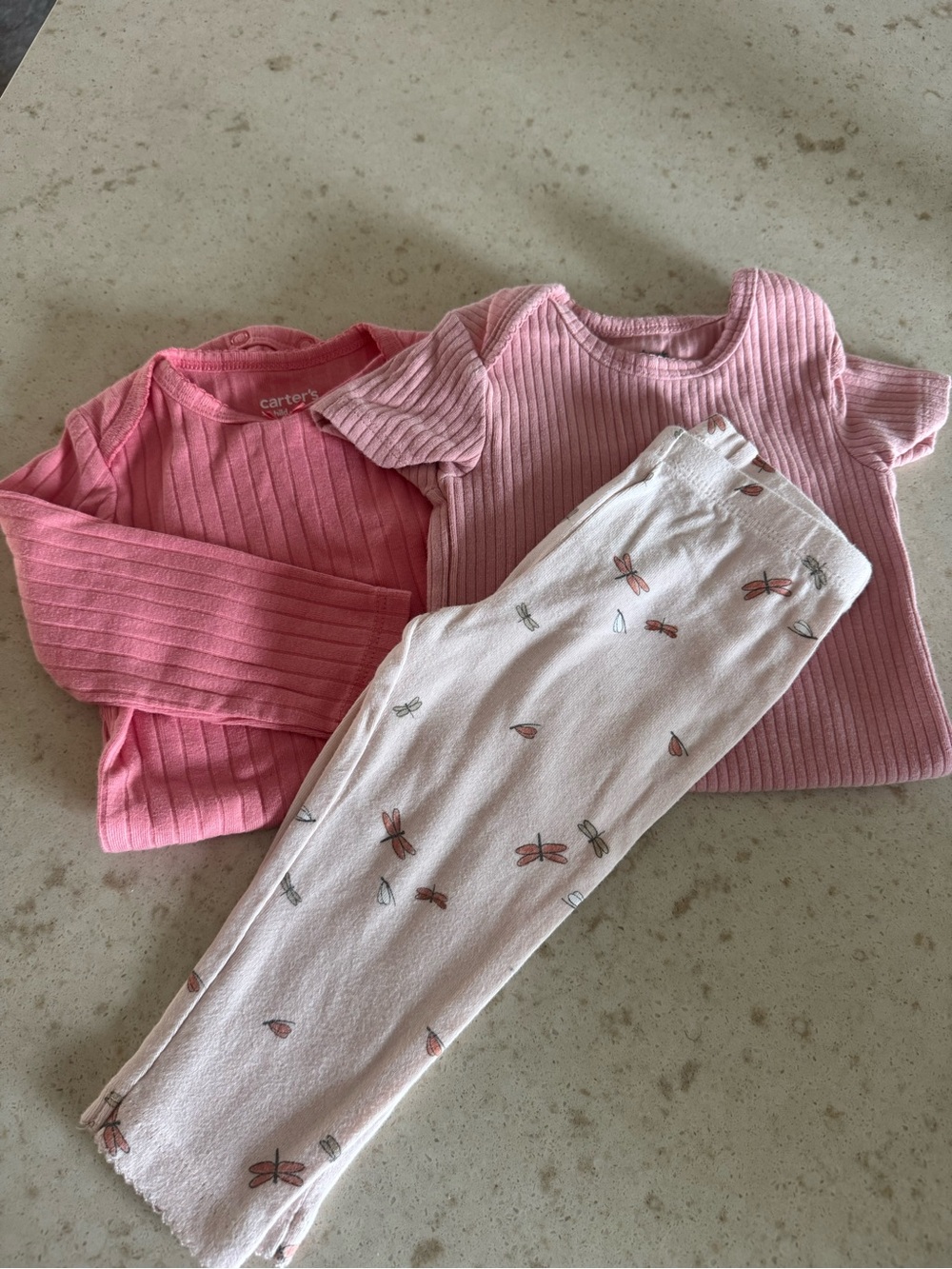 Carter's Pink Ribbed Tops and Light Pink Dragonfly Leggings Set